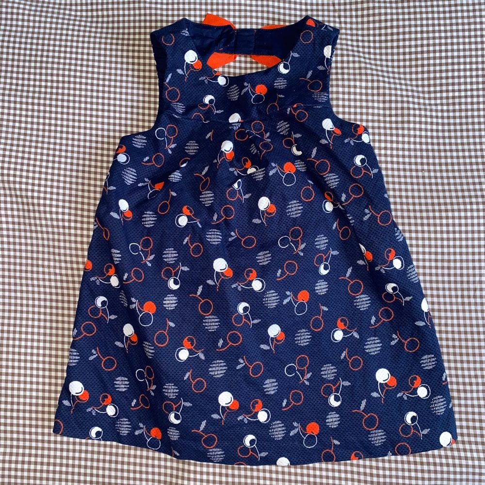 Janie and Jack Cherry Pique Dress Navy Blue Red White Open Bow Back 12-18